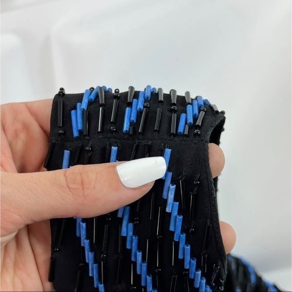 $396 NWT Parker Sz M Black Blue Silk Hourglass Chevron Beaded Mini Dress NEW - Picture 8 of 11